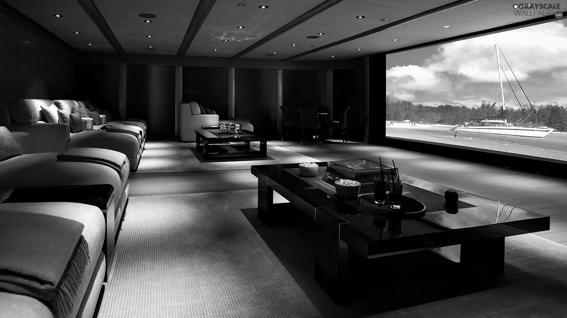 Home, interior, Sofas, cinema, house, screen, Tables