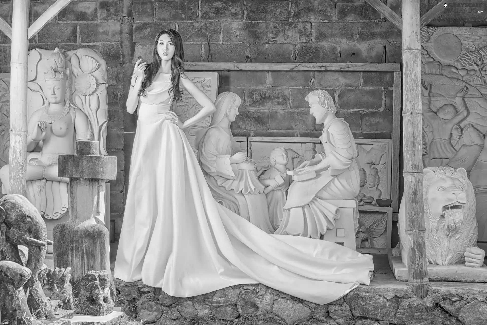 Dress, White, Asian, Sculpture, Women, long