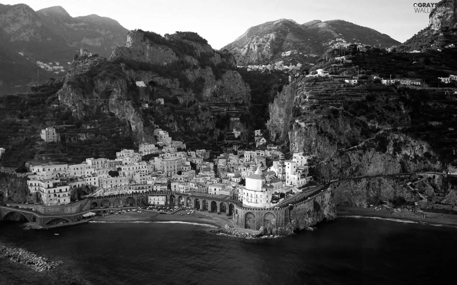 Atrani, Mountains, sea, Town