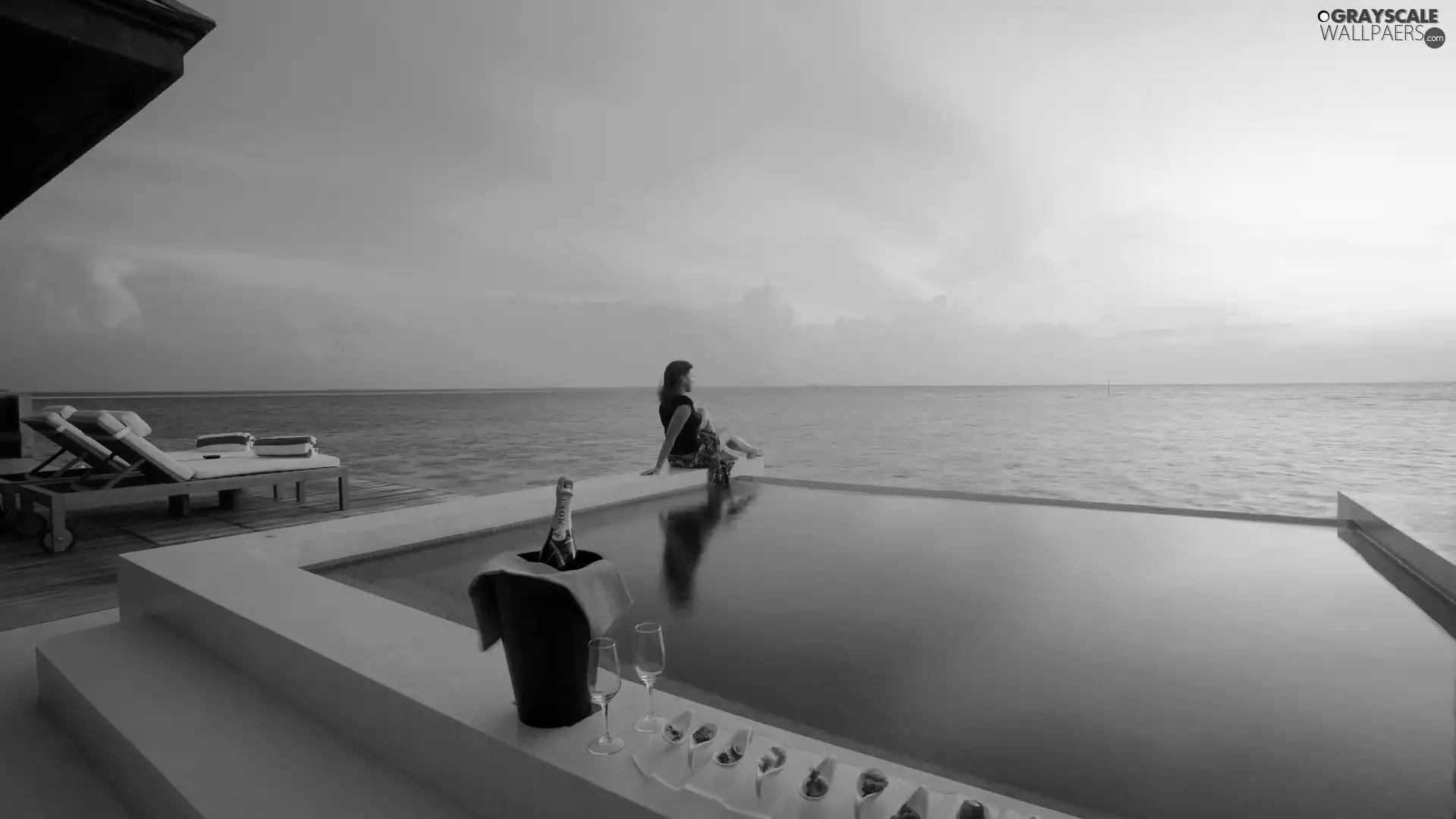 Hotel hall, Pool, west, Champagne, Women, sea, sun