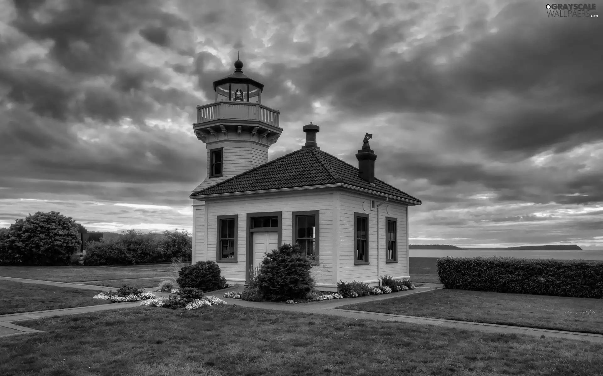 sea, clouds, maritime, Flowers, Lighthouse