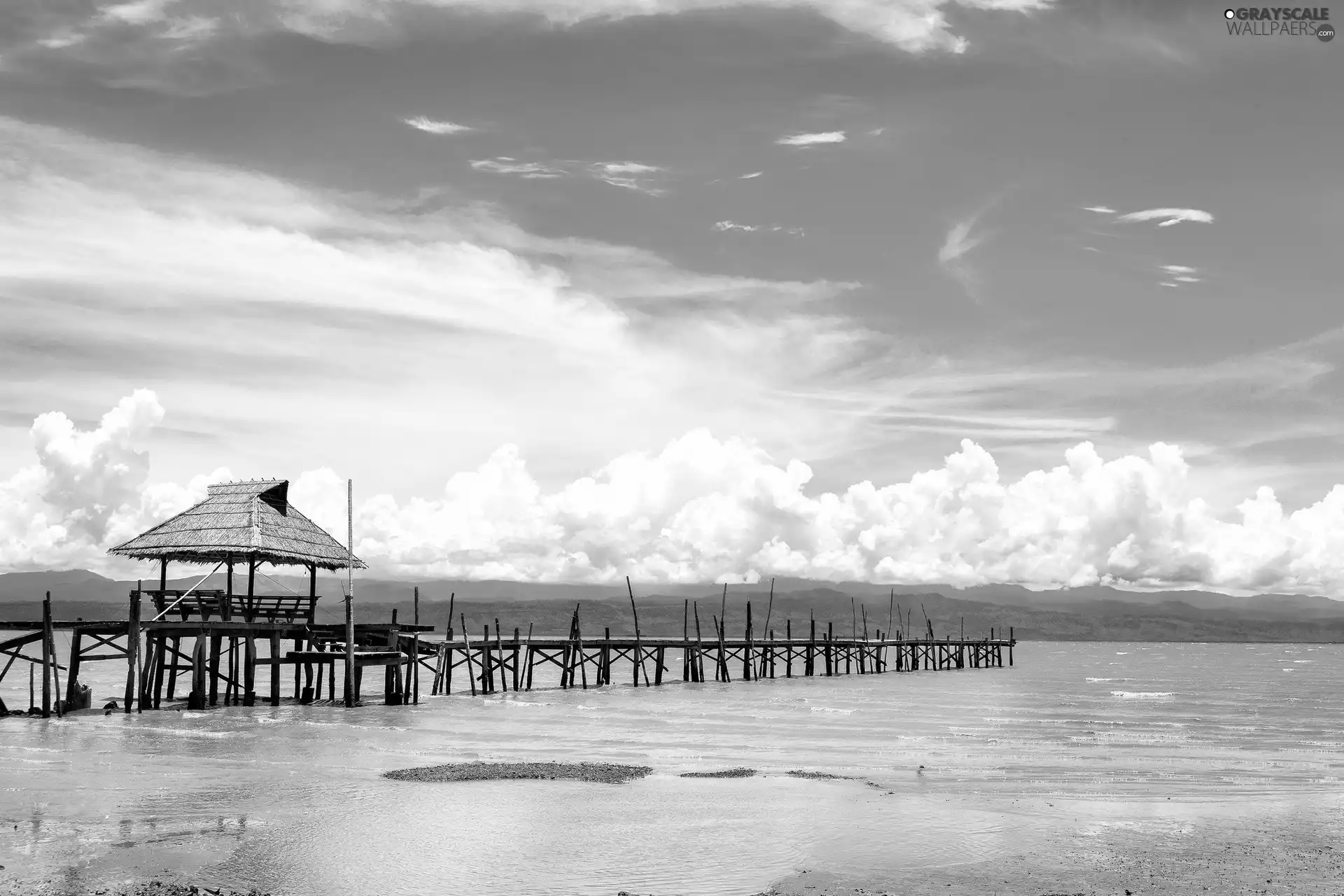 sea, pier, clouds