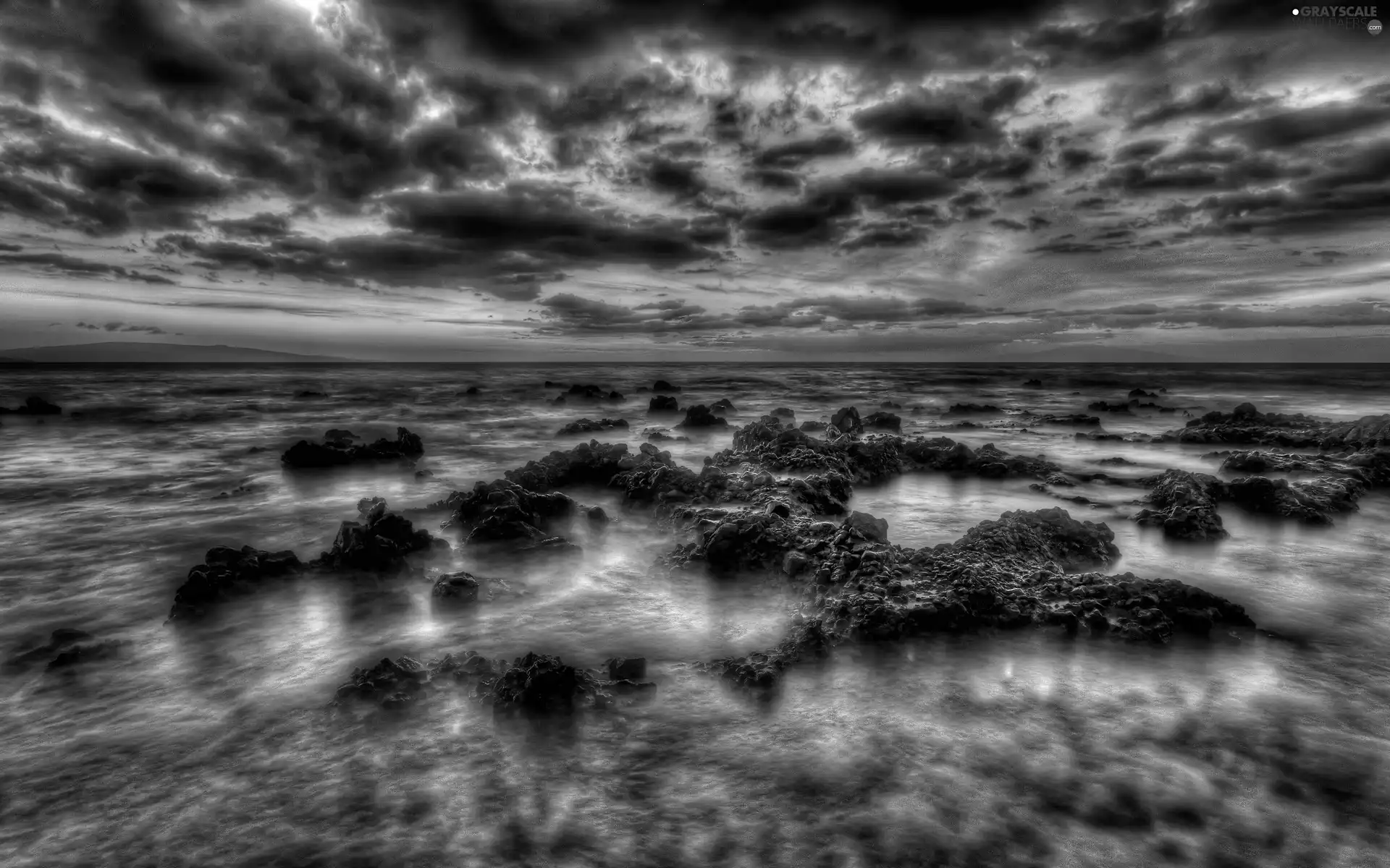 sea, clouds, sun, Stones rocks, west