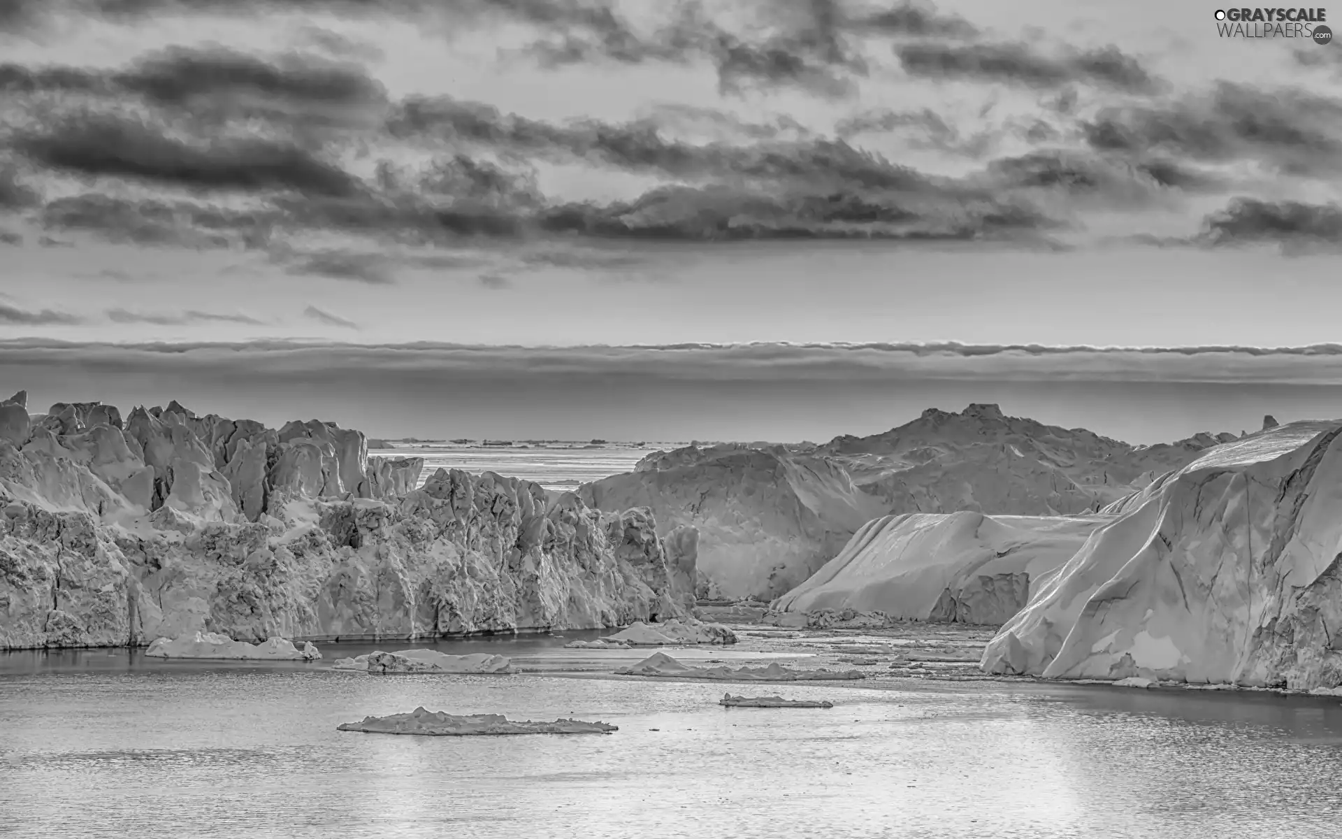 Greenland, Icebergs, Sky, sea