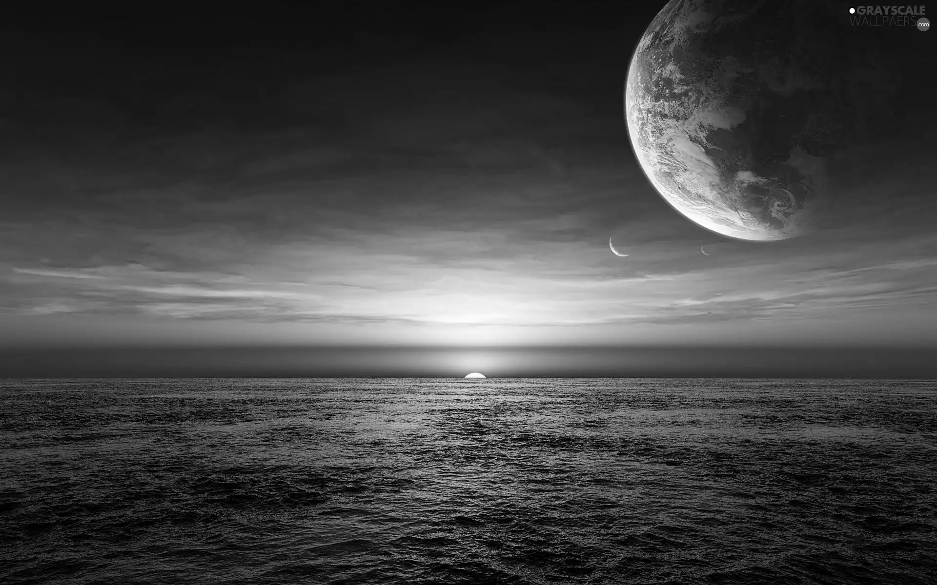 sea, horizon, west, sun, Planet