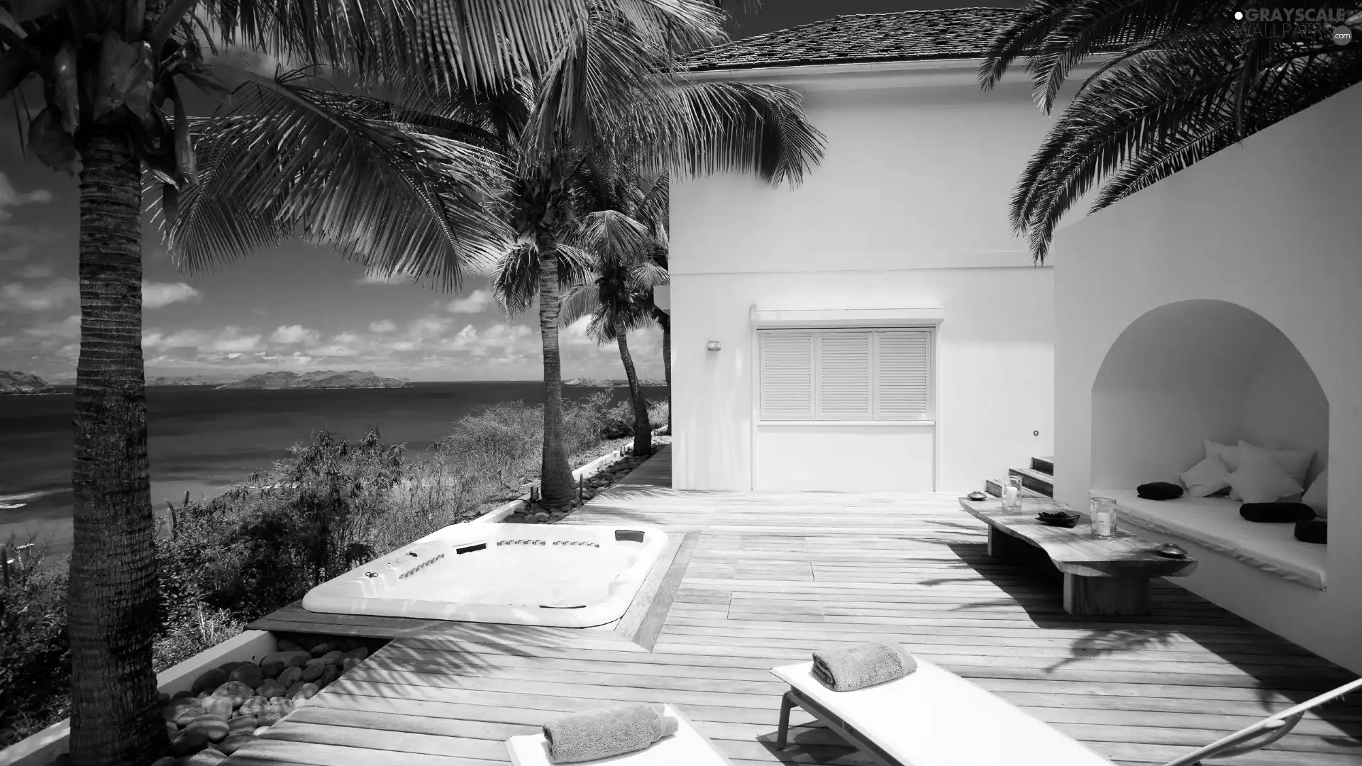 house, Palms, sea, terrace