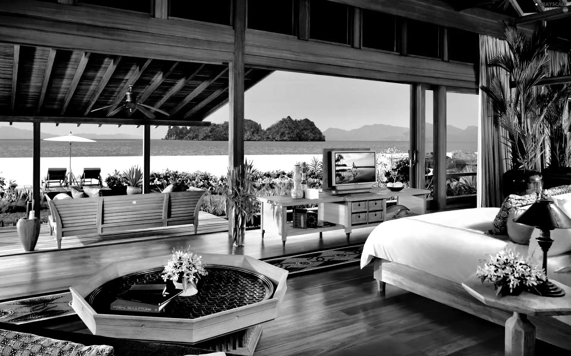 Bedroom, house, sea, Island, terrace, villa