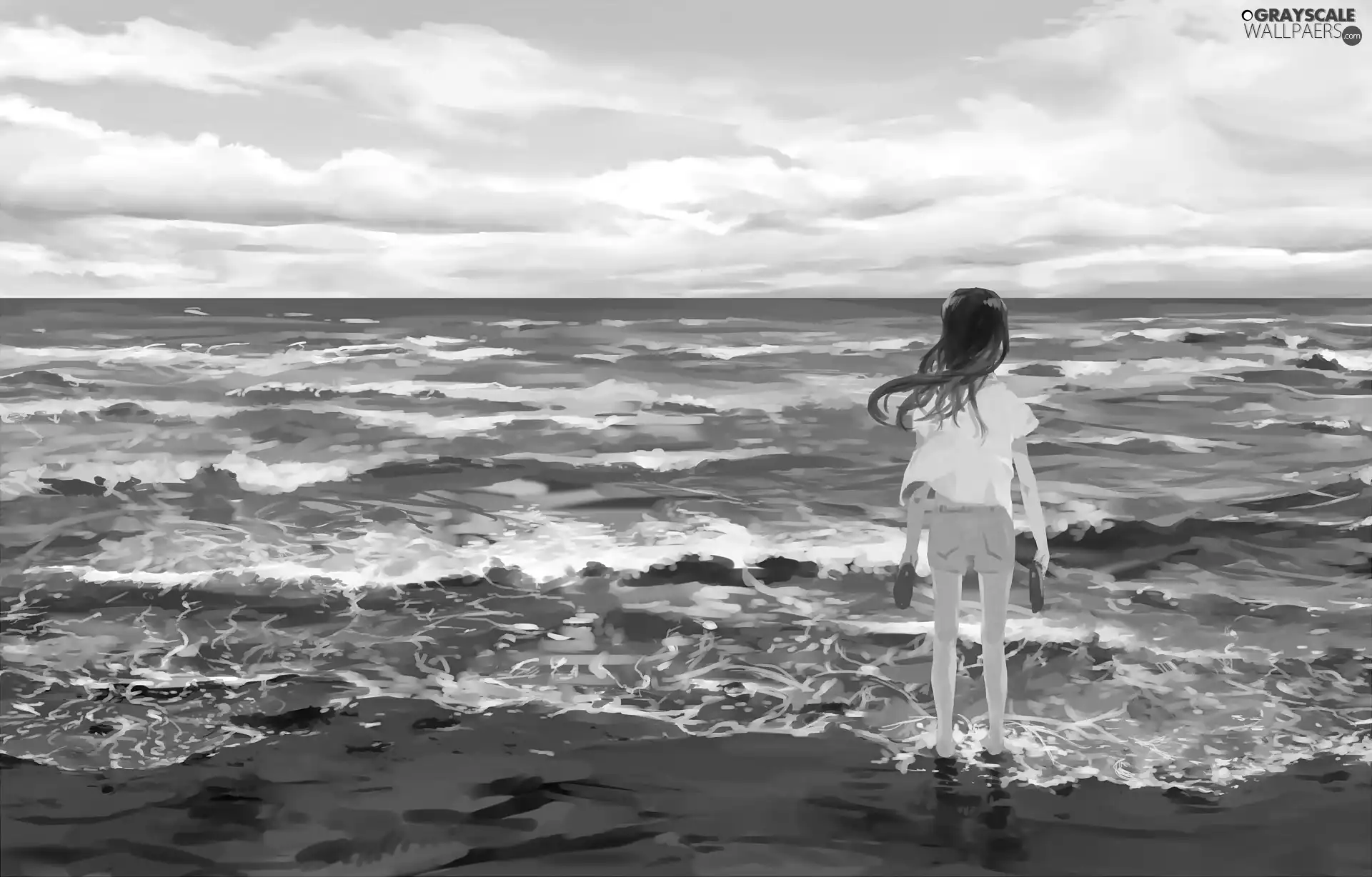 Manga, coast, girl, sea