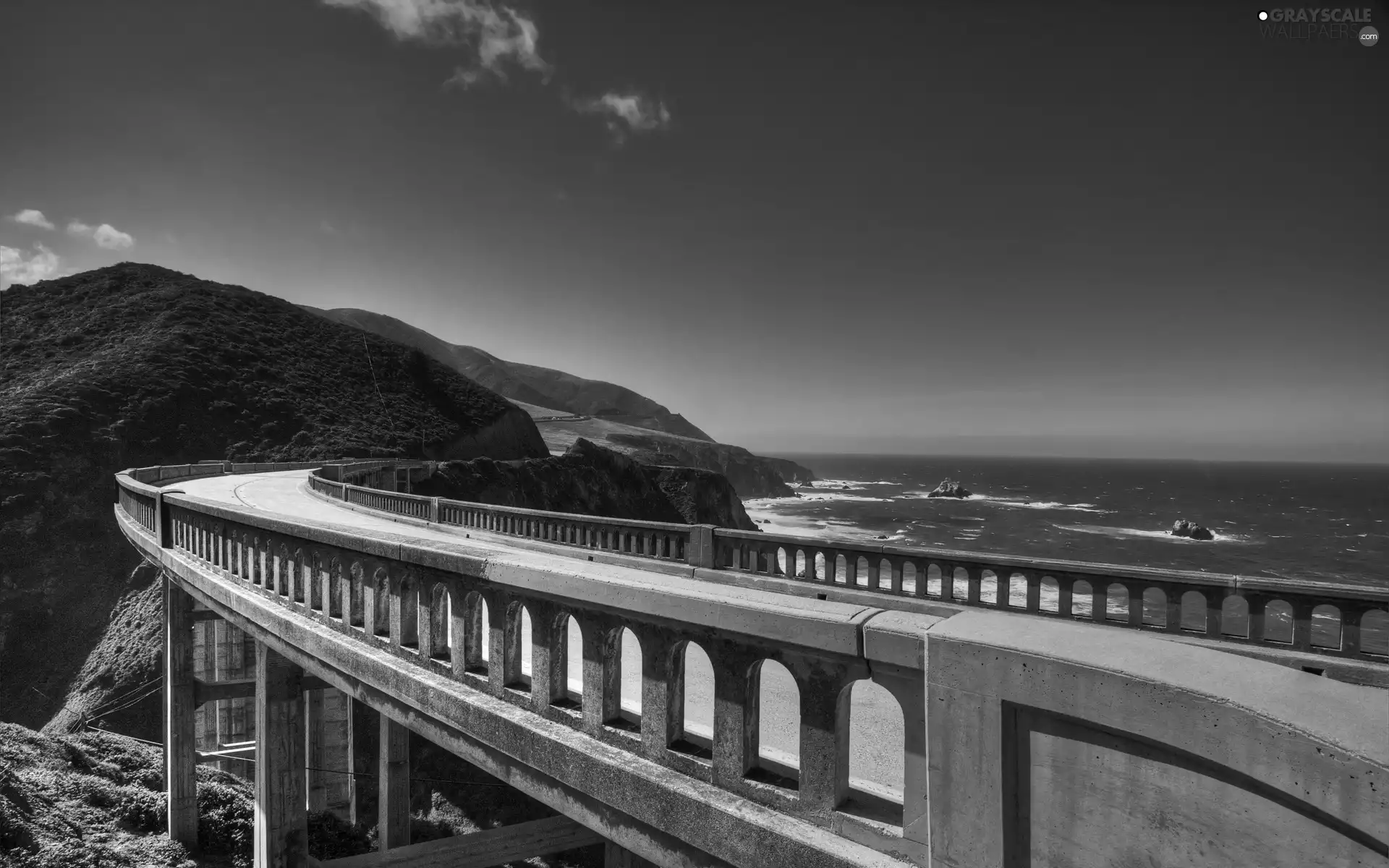 sea, bridge, Mountains