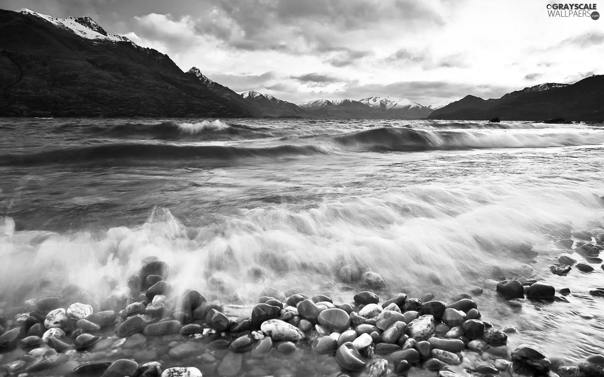 Mountains, Waves, sea, Stones