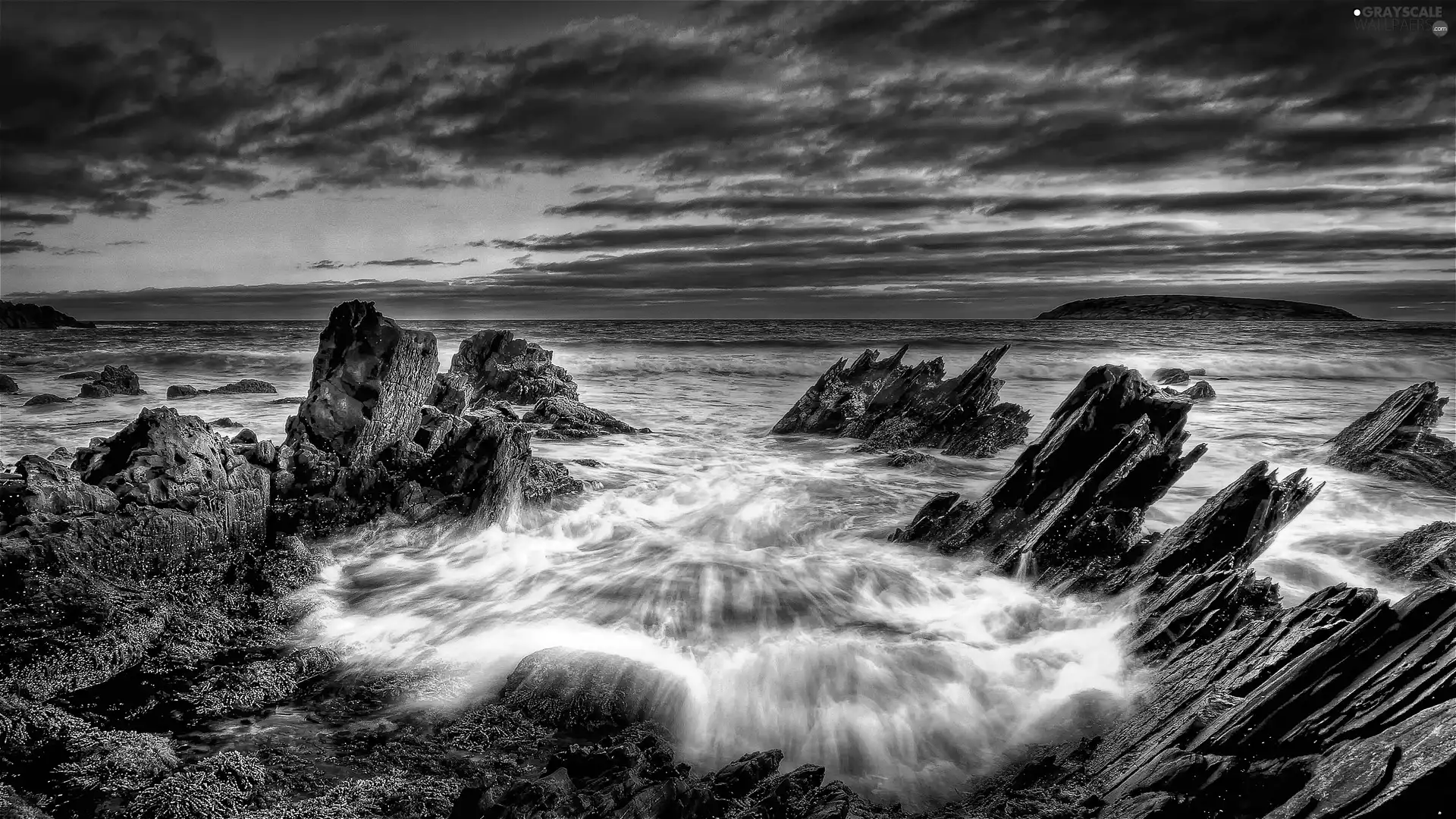 sea, clouds, rocks