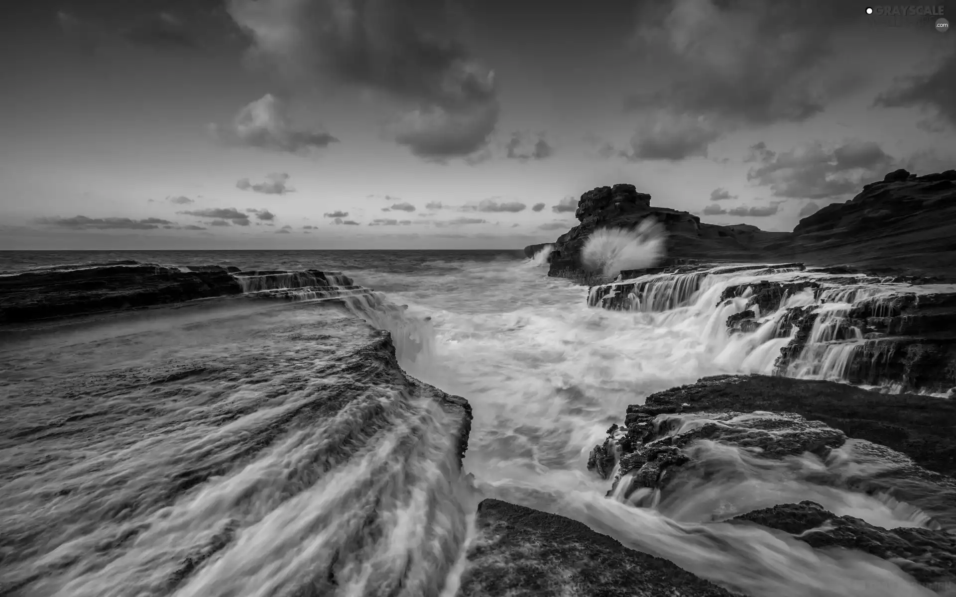 sea, waterfall, rocks
