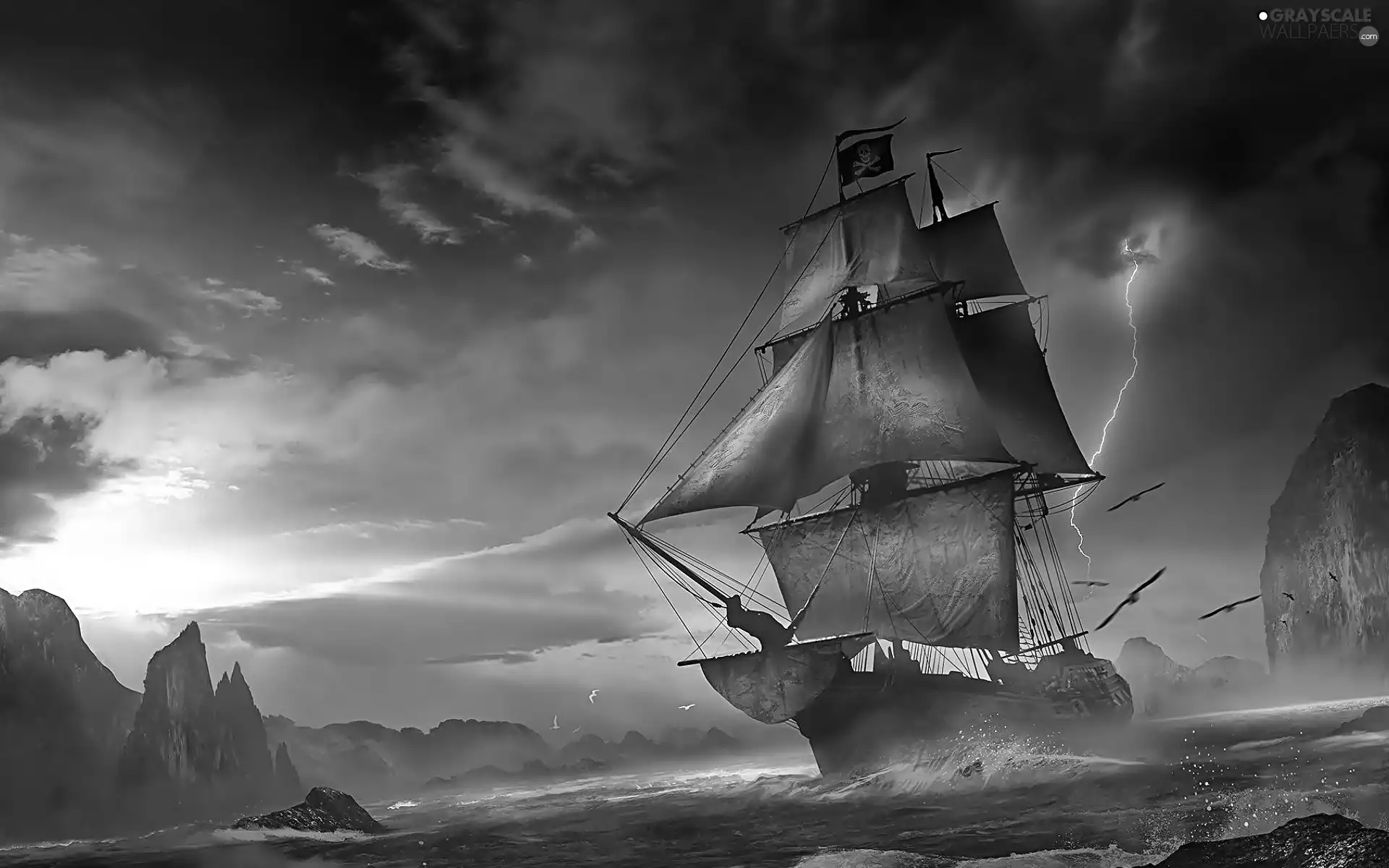 lightning, sailing vessel, sea