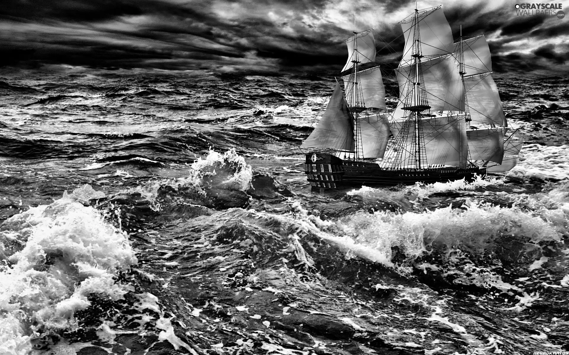 Storm, sailing vessel, sea