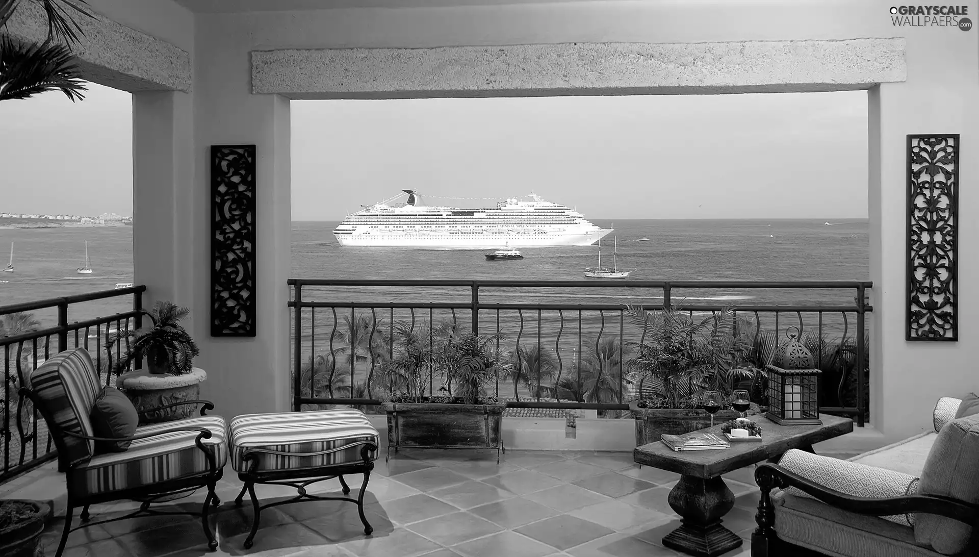 sea, Passanger ship, terrace, View, house