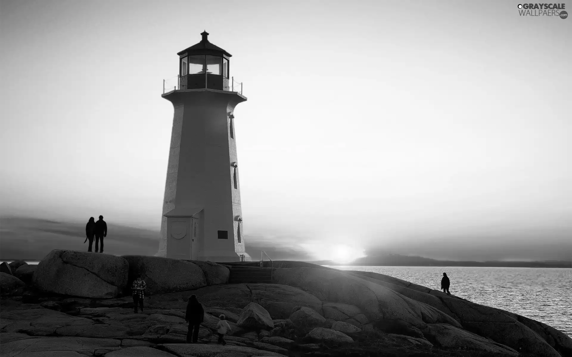 People, maritime, rays, rocks, Lighthouse, sea, sun