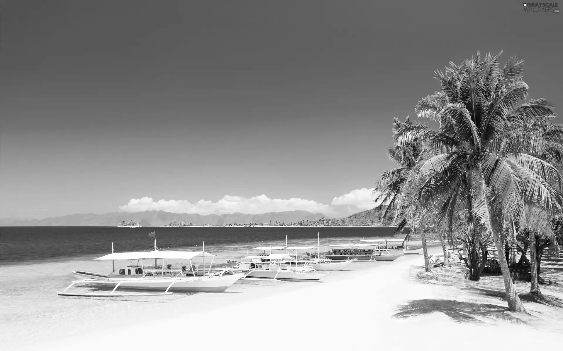 Boats, Beaches, sea, Tropical, Mountains, Palms