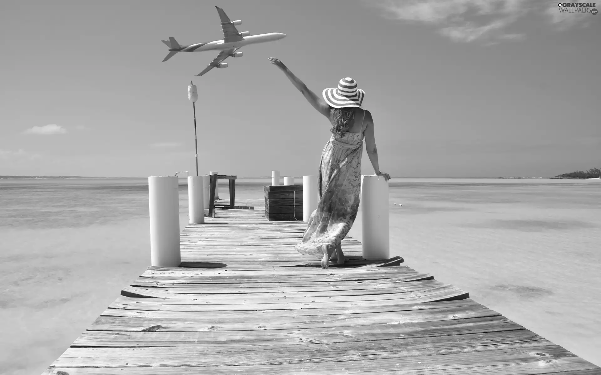 sea, Tropical, pier, plane, Women