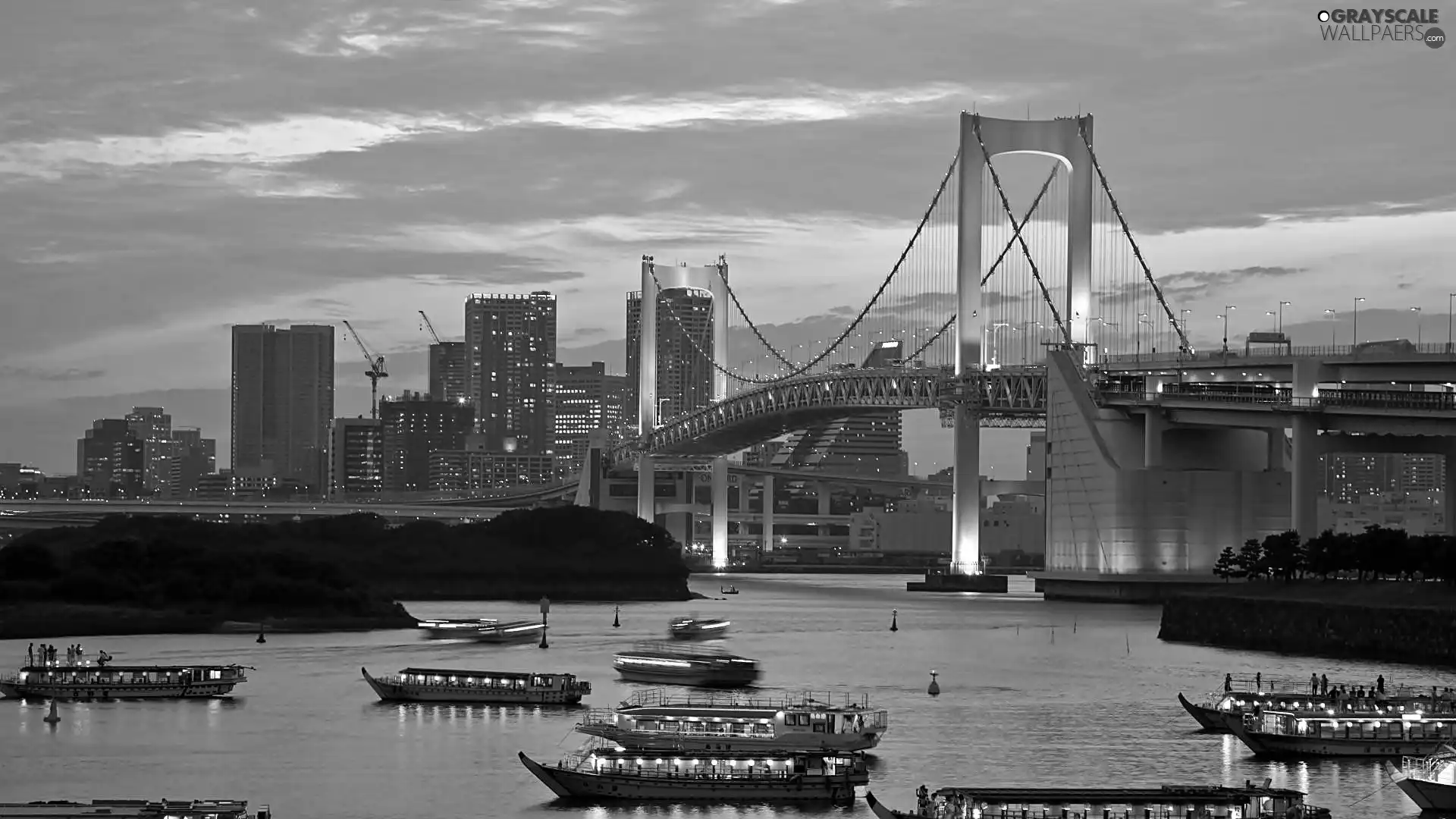 Tokio, dawn, sea, vessels, bridge, panorama