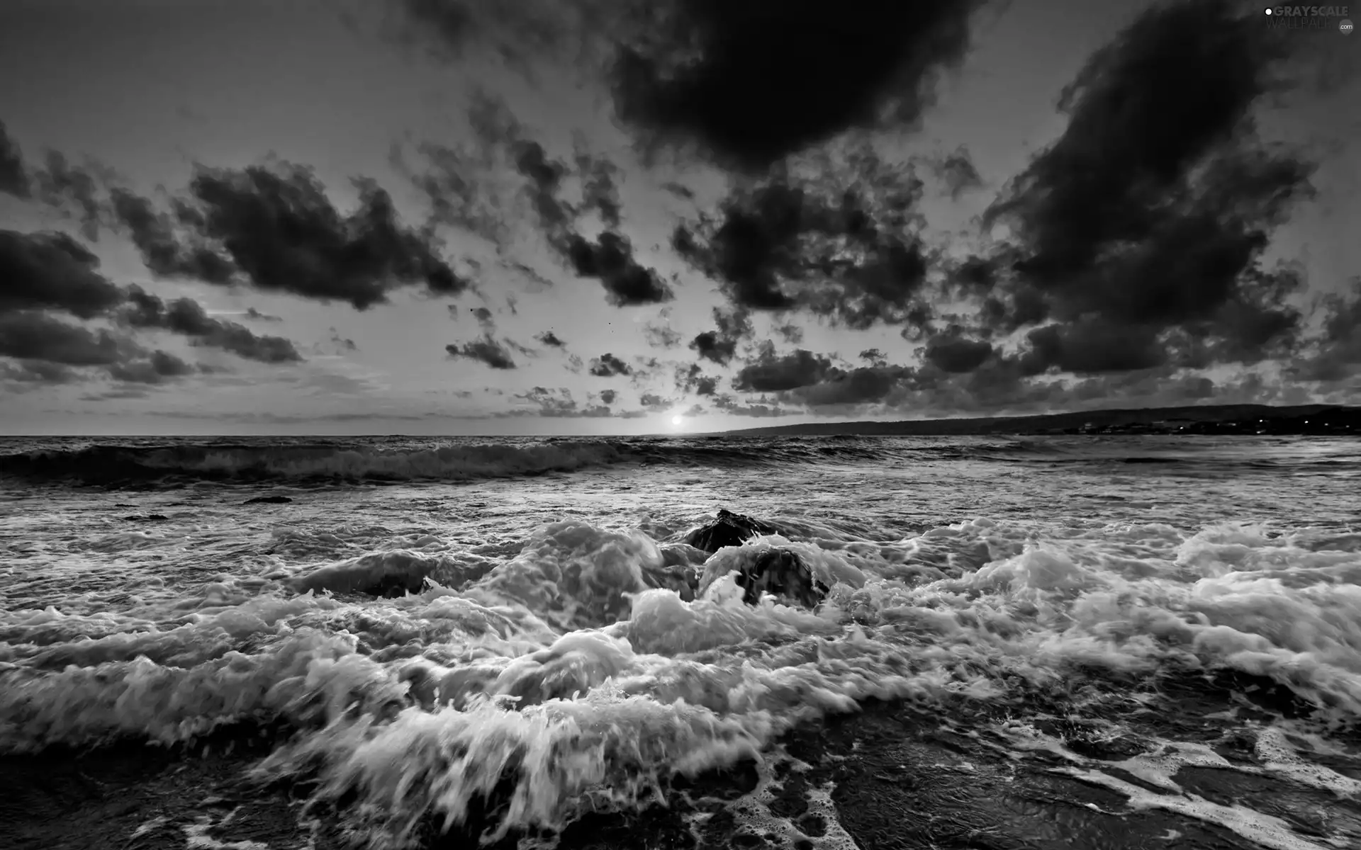 sea, Waves, sun, clouds, west