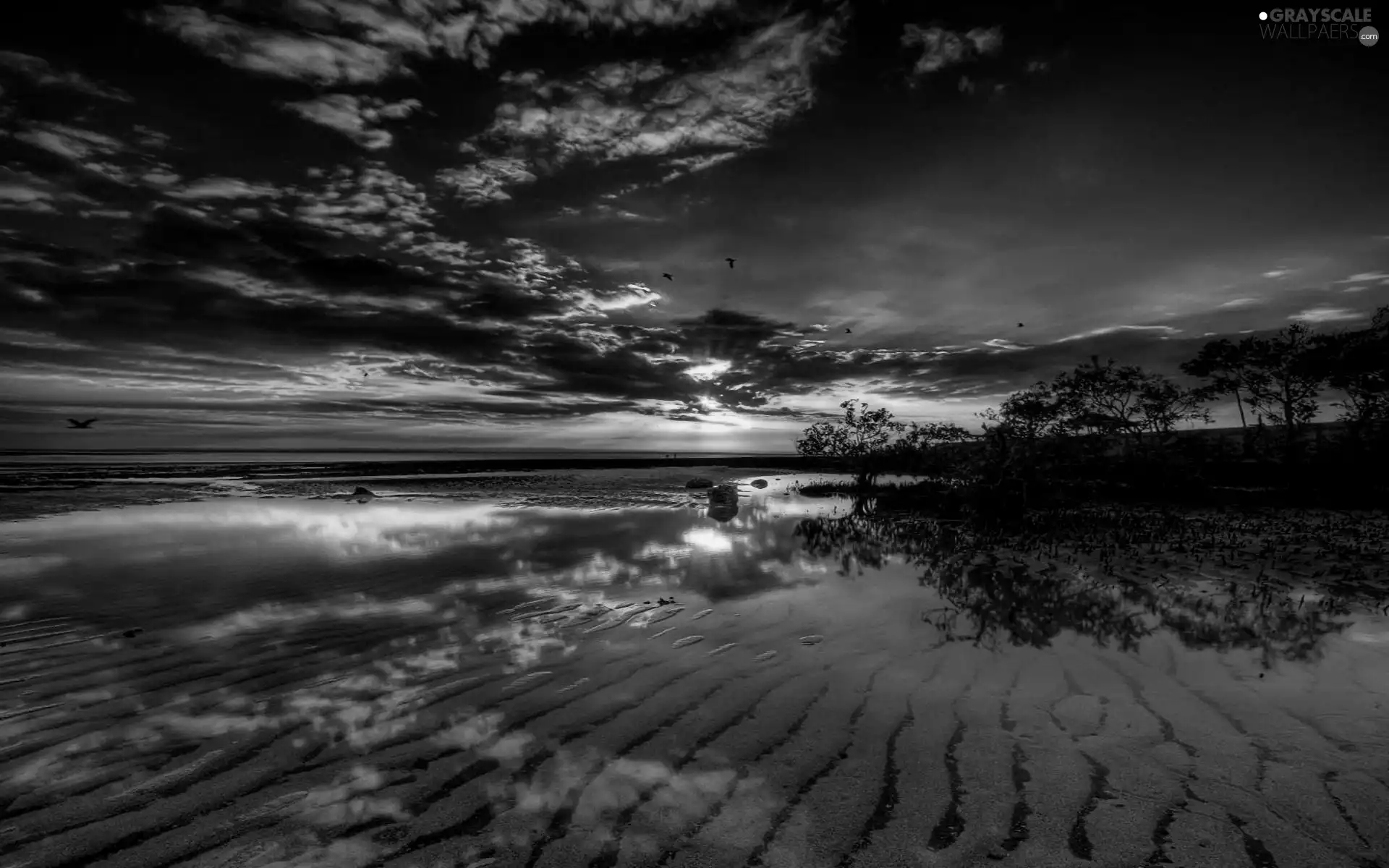 west, clouds, sea, sun