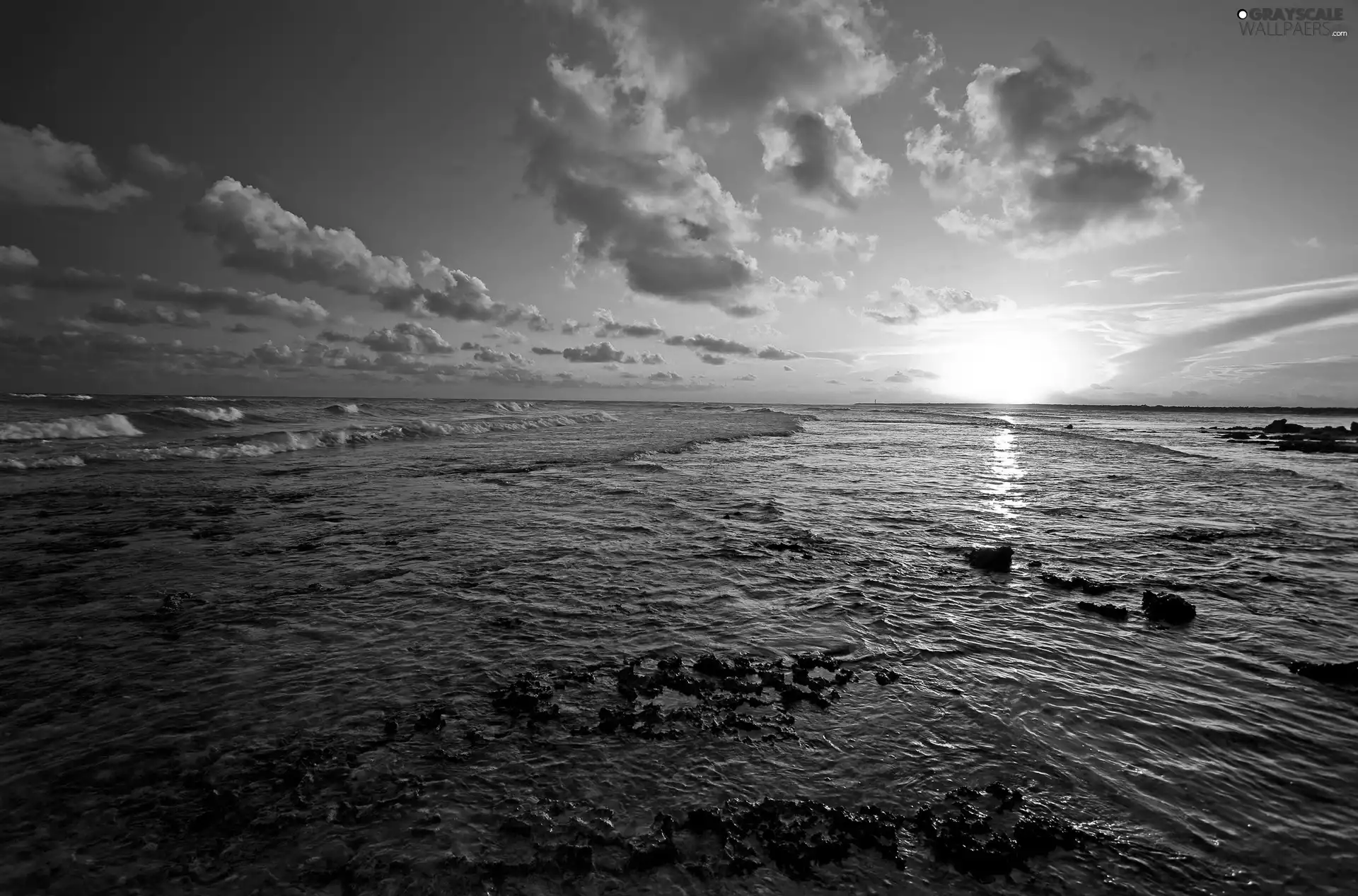 west, clouds, sea, sun