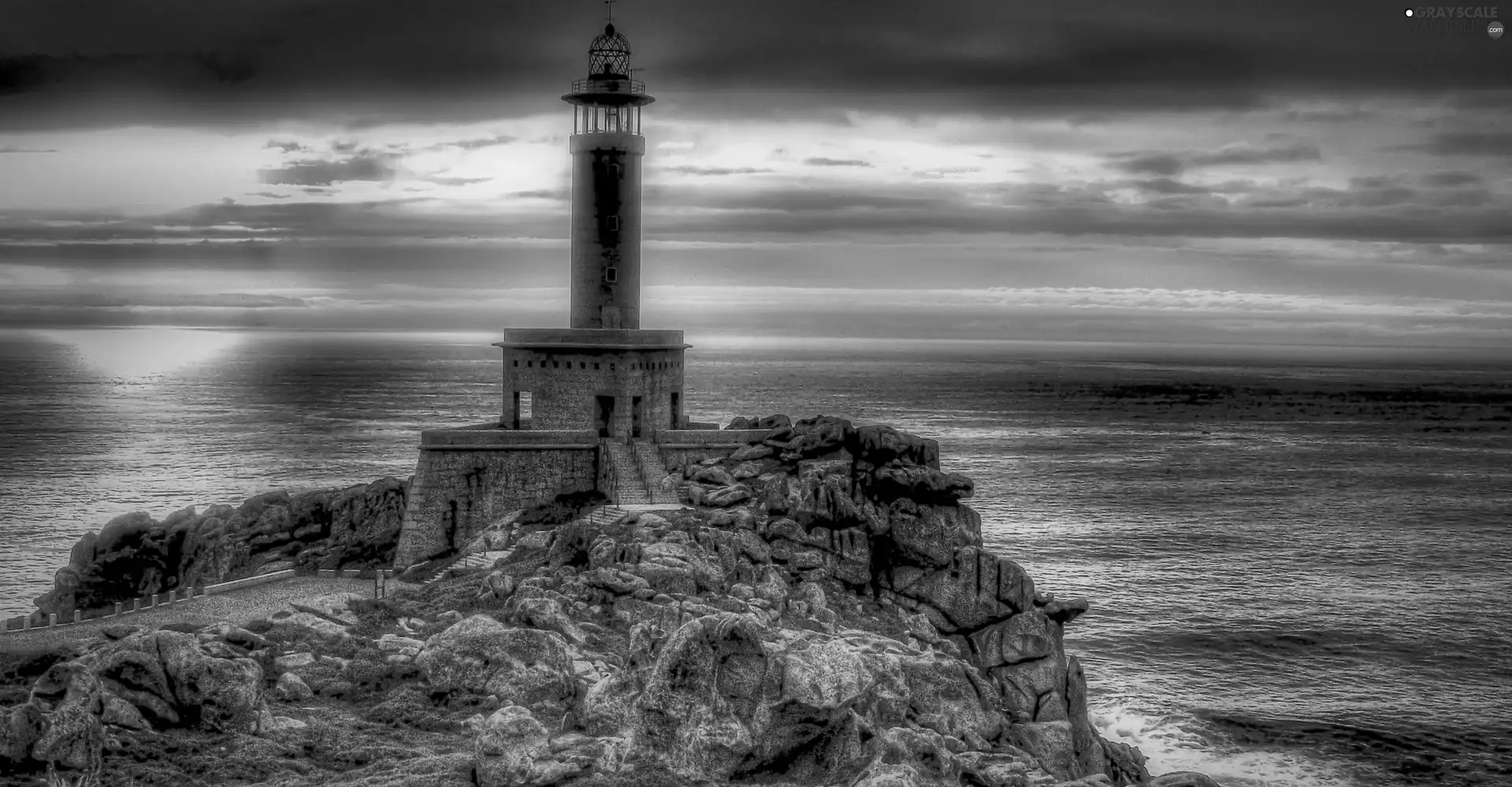 west, sea, Rocks, Lighthouse, Sun