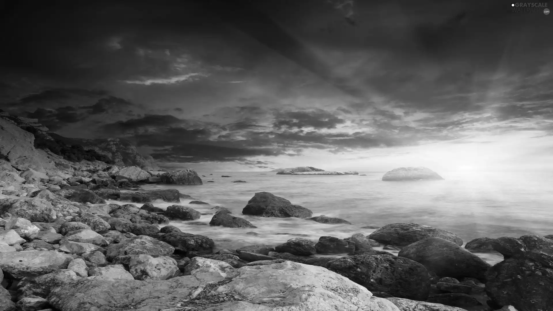 west, Stones, sea, sun