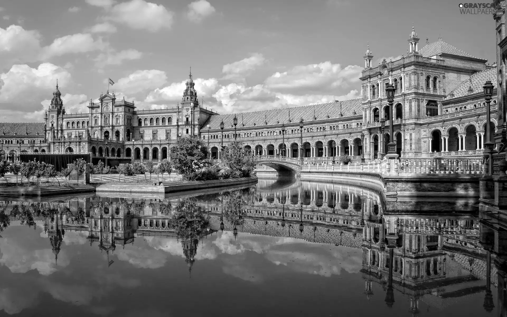 Hotel hall, Spain, water, clouds, Plaza de Espana, Sevilla