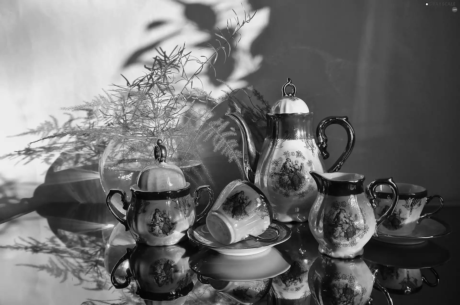 shadows, reflection, jug, china, cups
