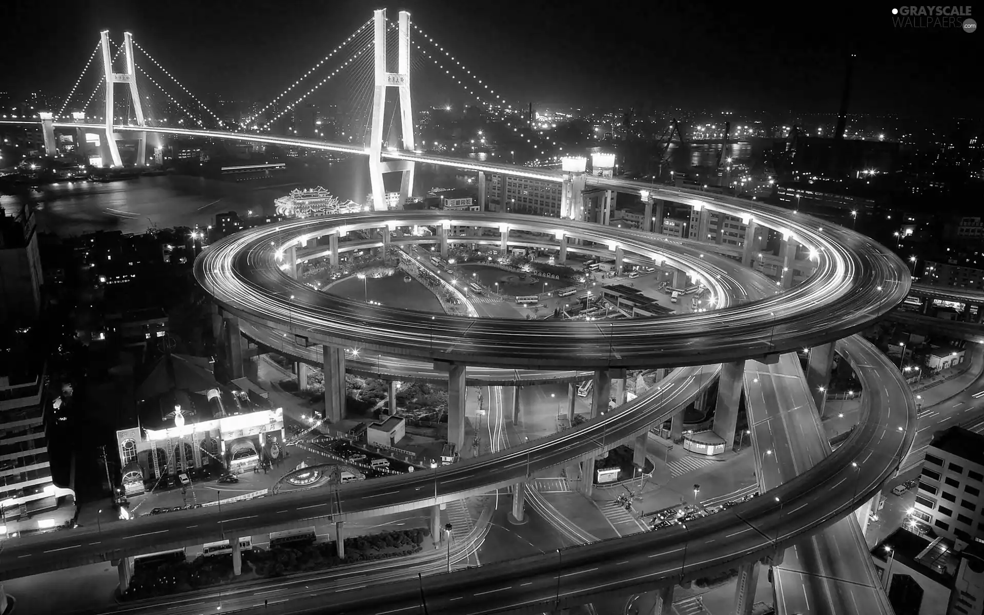 Shanghai, night, flyover, panorama, bridge