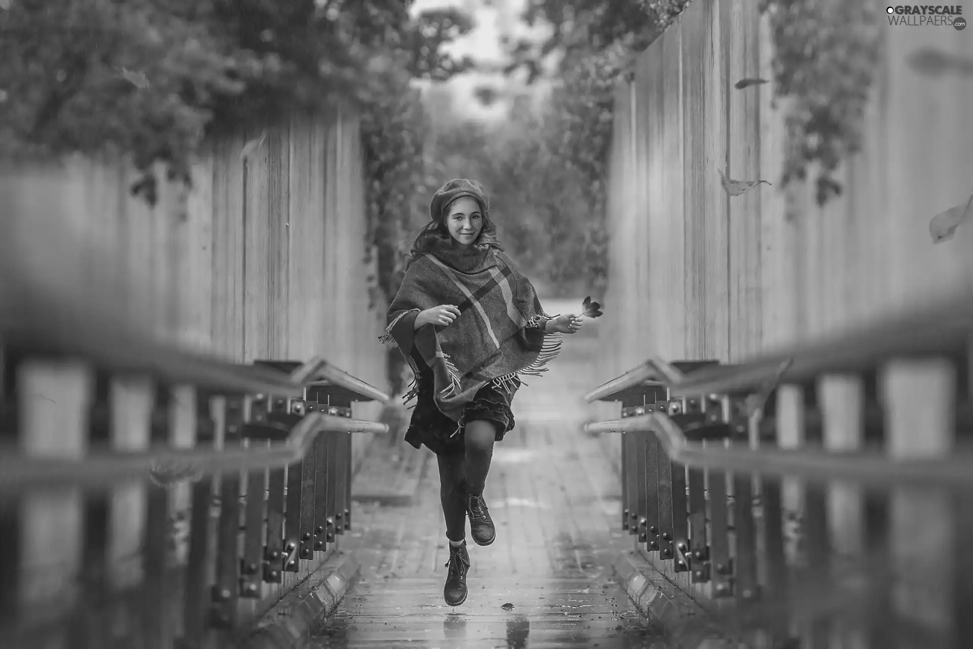 Women, Rain, bridge, shawl
