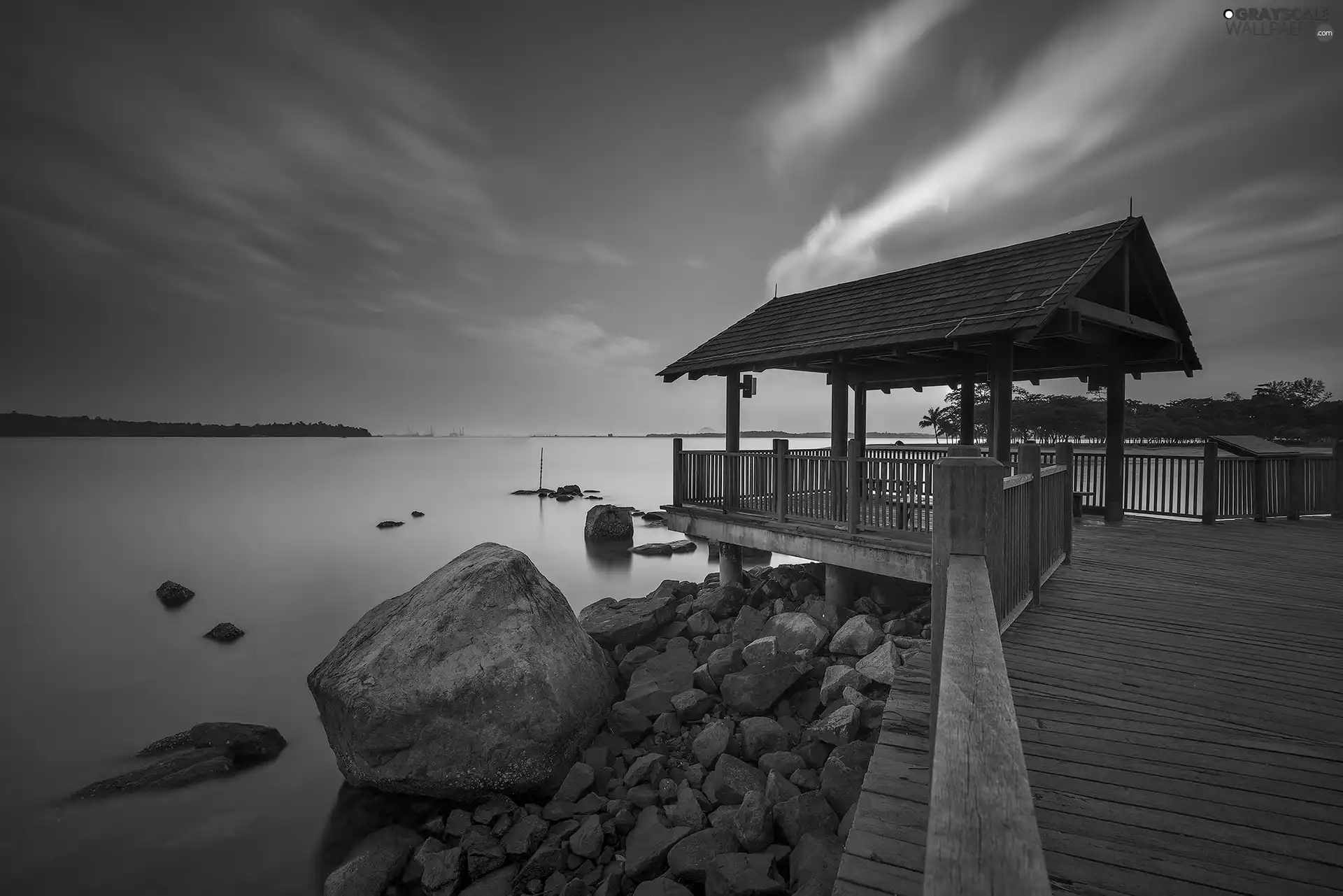 Platform, shed, Stones, coast, lake