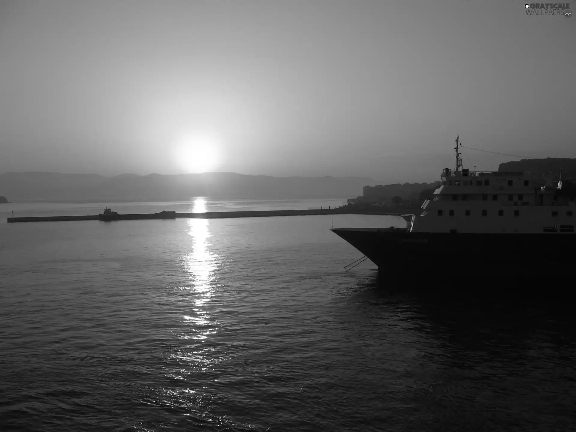 Ship, moorings, west, sun, sea