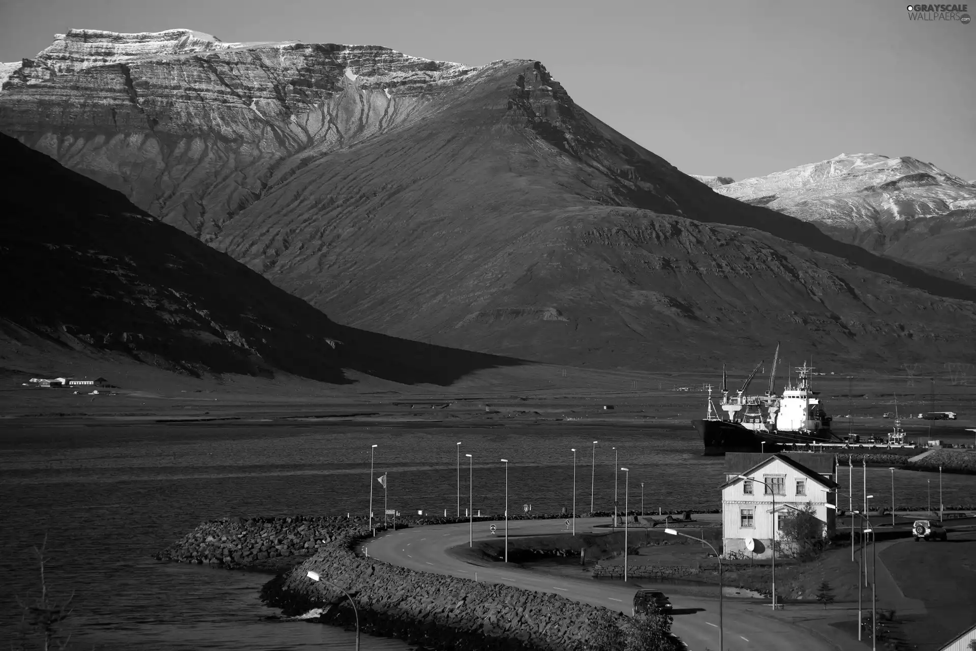 Mountains, Way, Ship, house