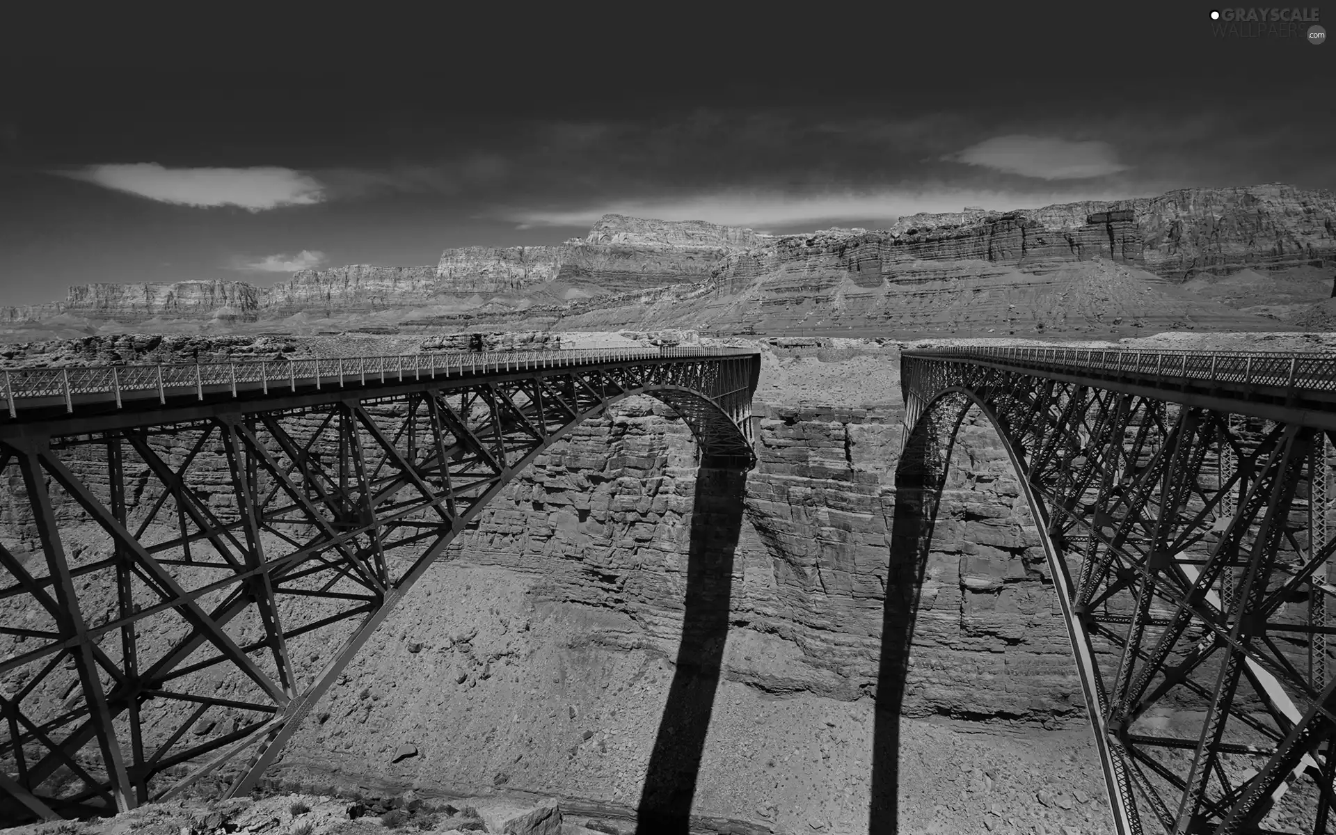 Two cars, canyon, Sky, Bridges