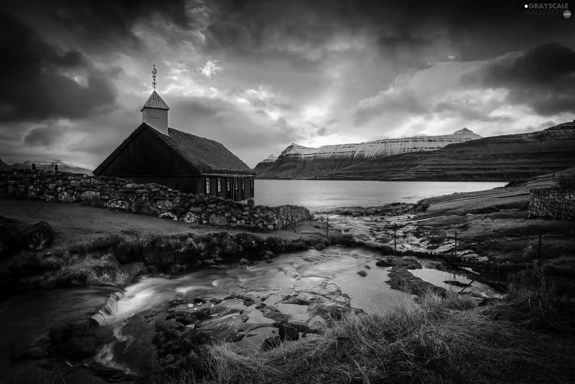 church, Mountains, Sky, River