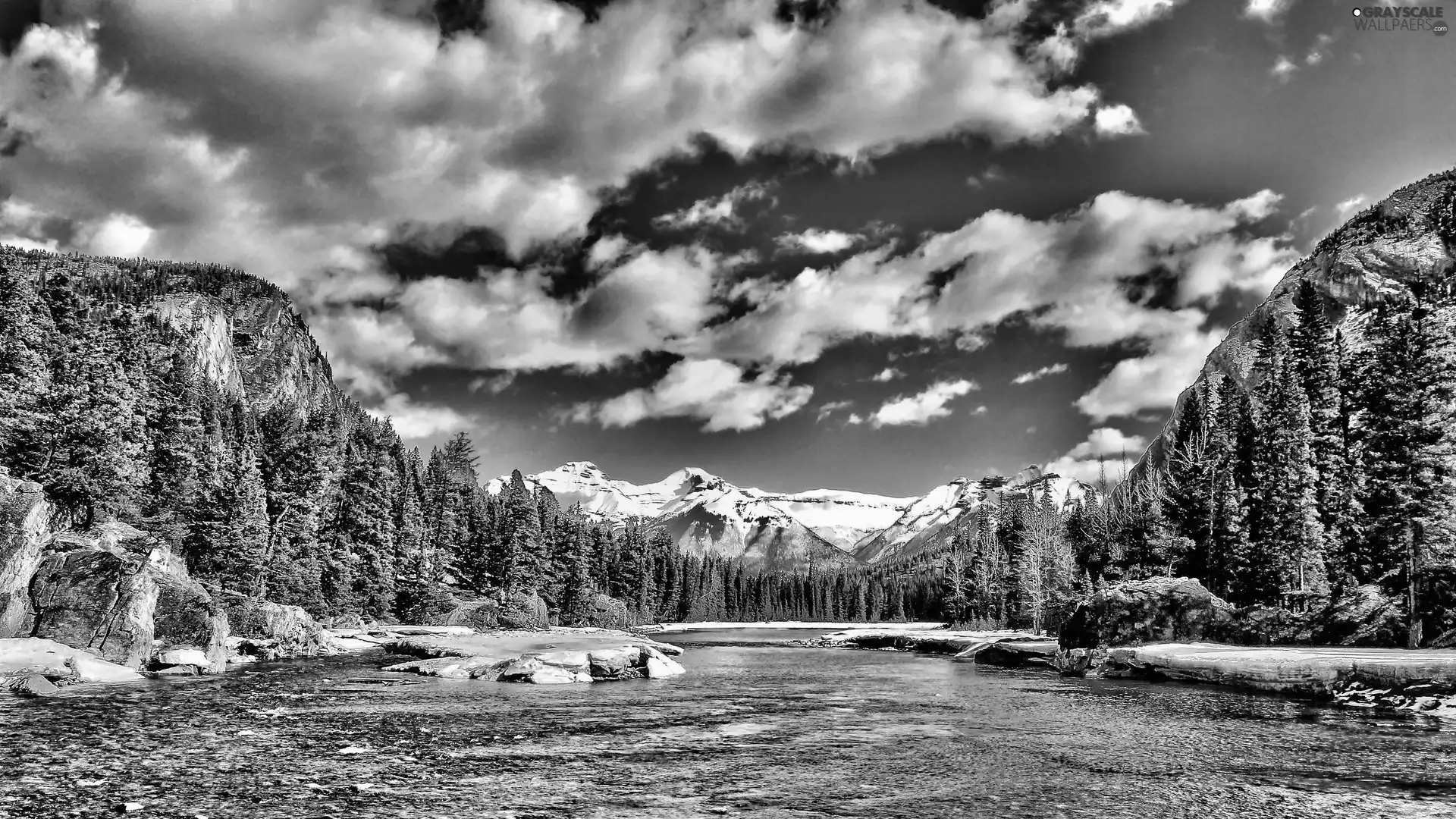 Sky, clouds, woods, Mountains, River