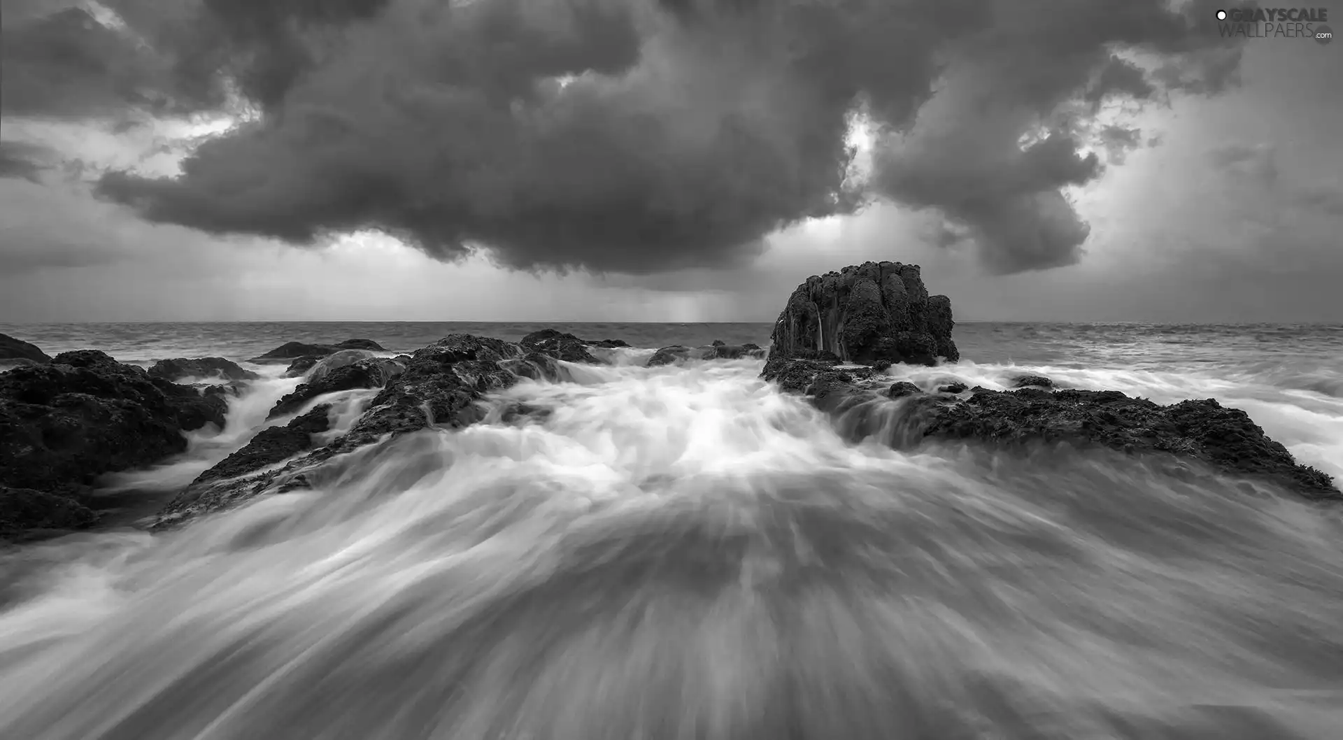 Sky, clouds, rocks, Waves, sea