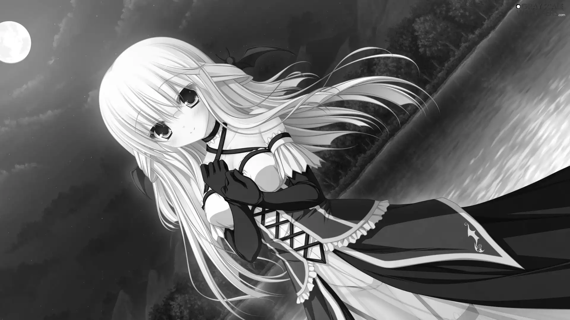 forest, Sky, Anime, moon, Manga, River, girl, Night