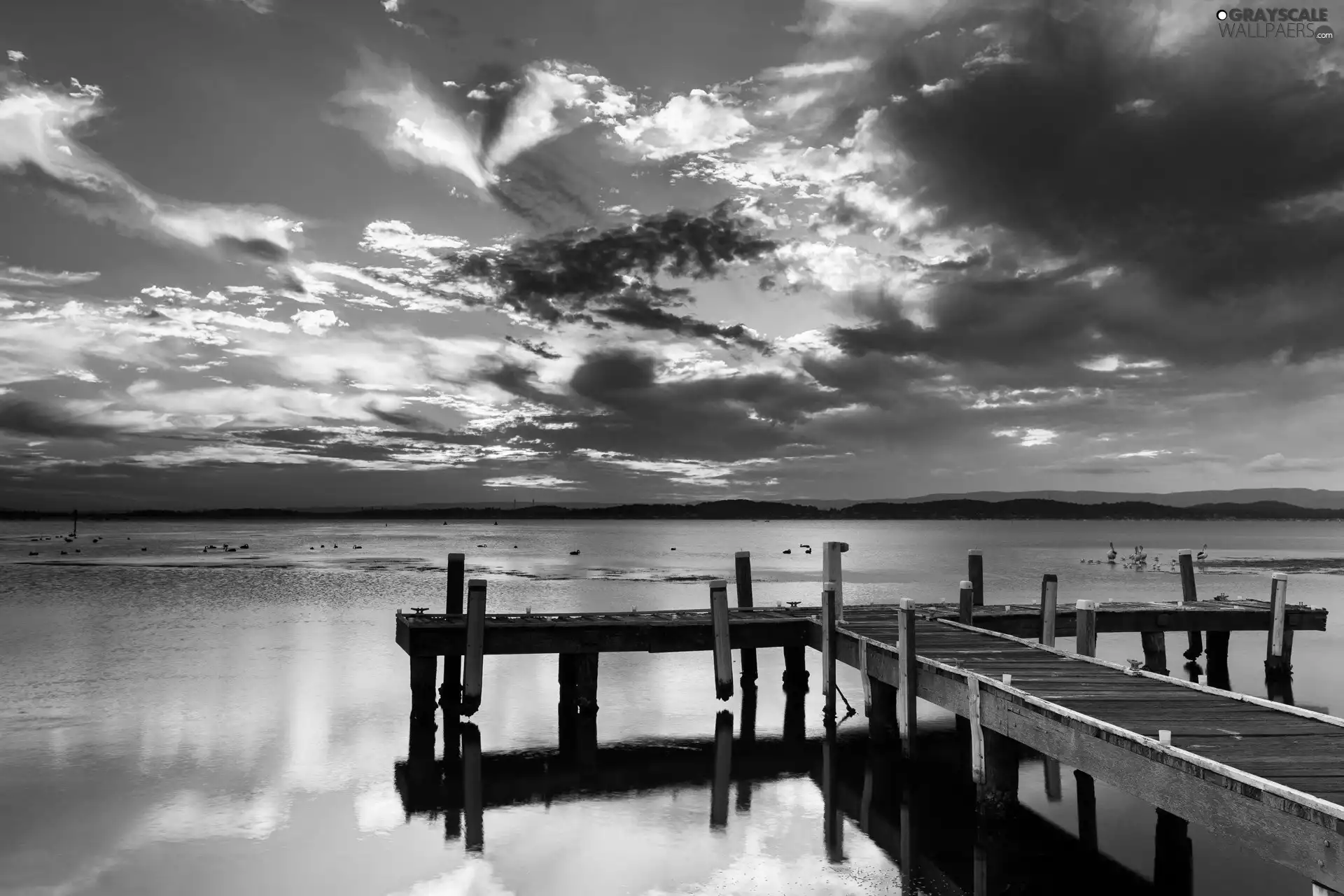 lake, clouds, Sky, pier