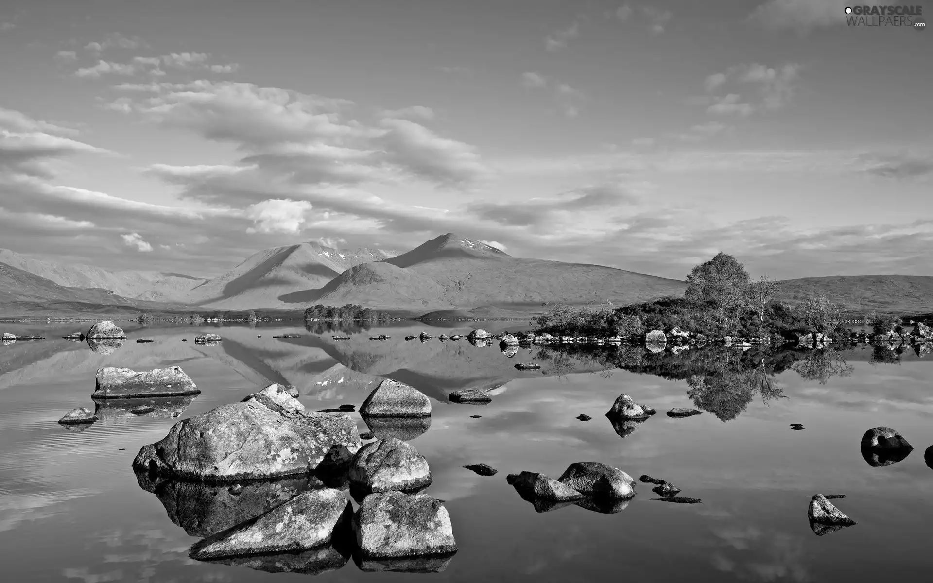 lake, hills, Sky, Stones