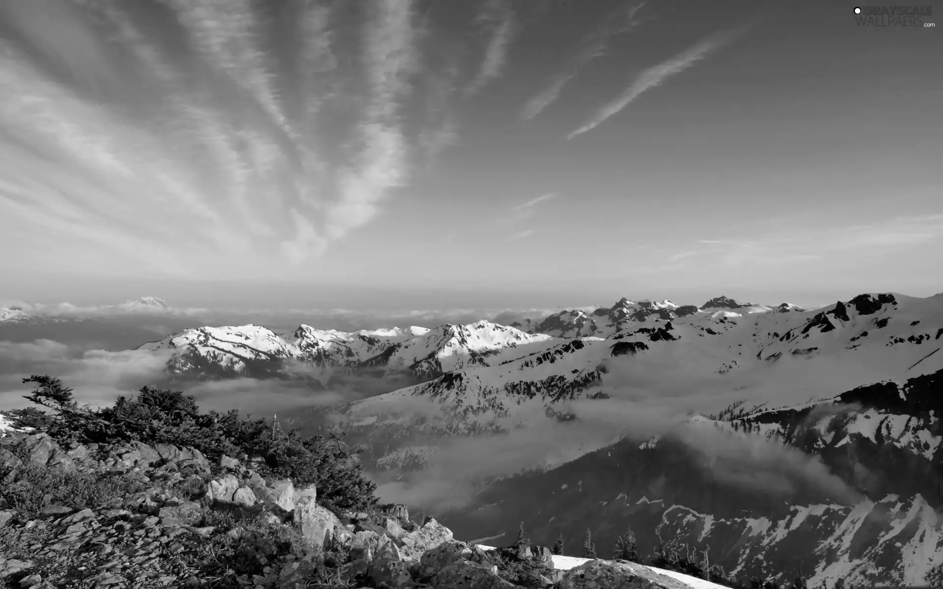 Mountains, Fog, Sky, snow