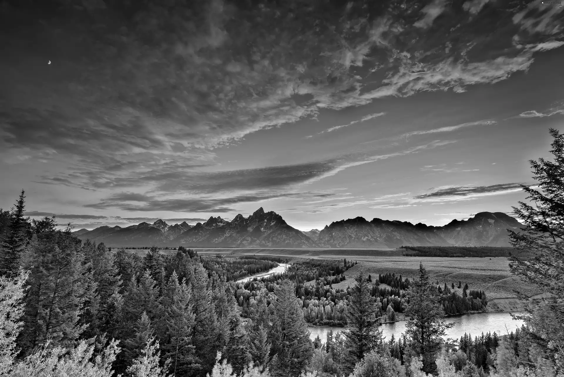 Mountains, forest, Sky, River