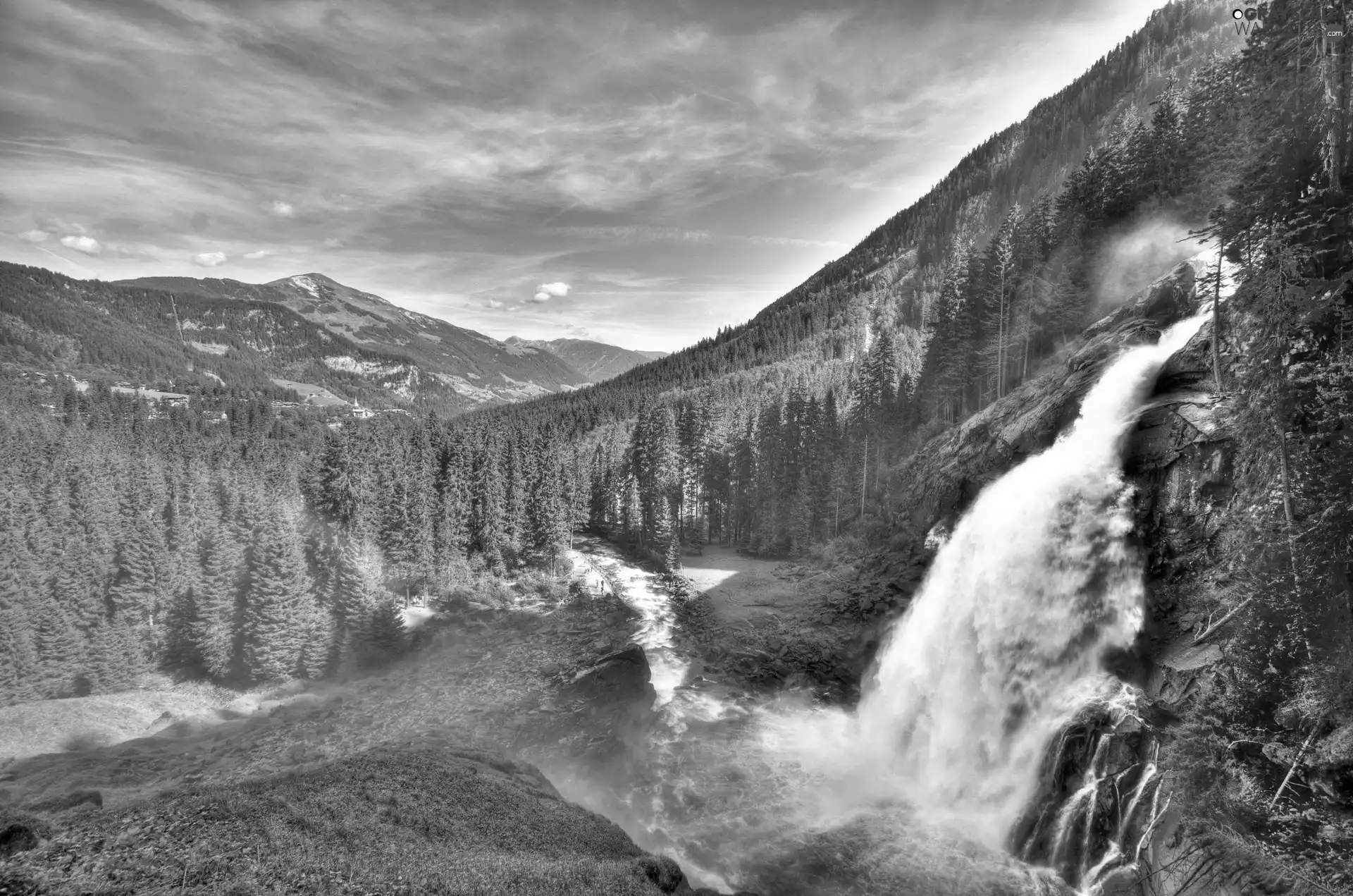 Mountains, forest, Sky, waterfall