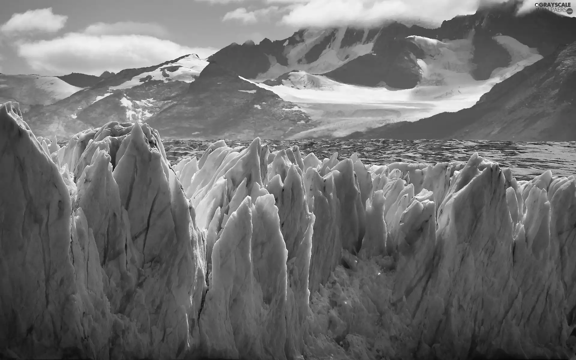 Mountains, ice, Sky, rocks