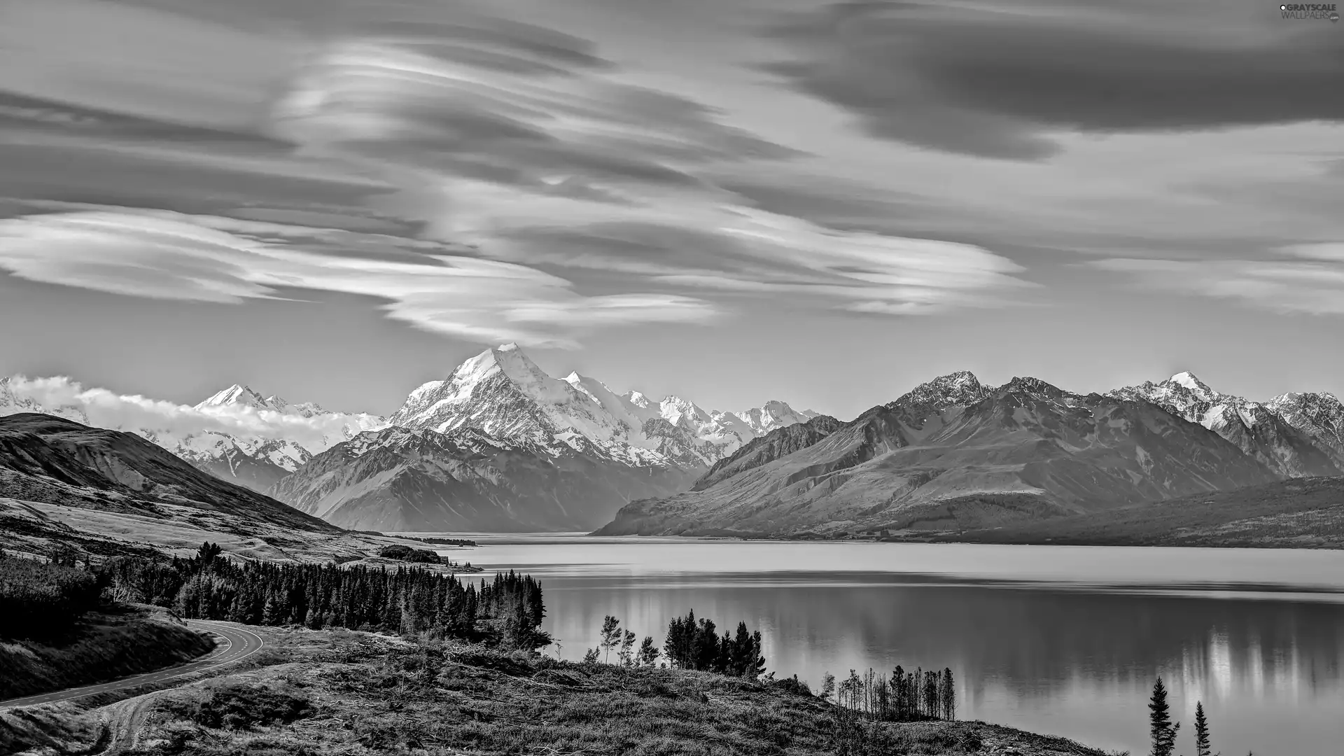 Sky, lake, mountains