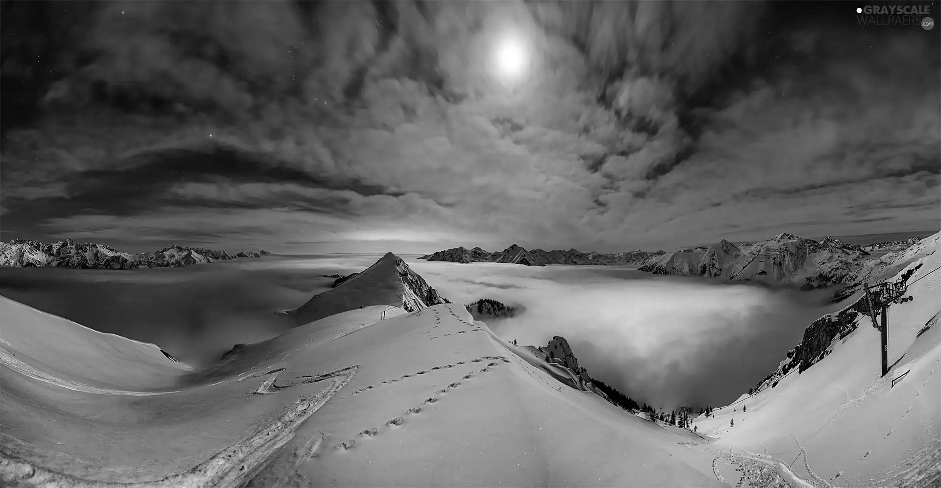 Mountains, winter, Sky, Night, Clouds, peaks