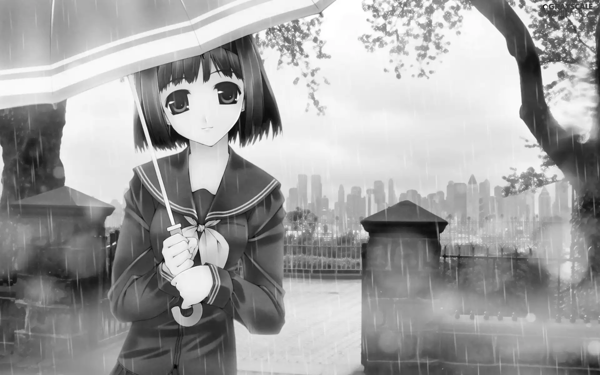 Rain, Sky, Anime, Park, Manga, Umbrella, girl, Town