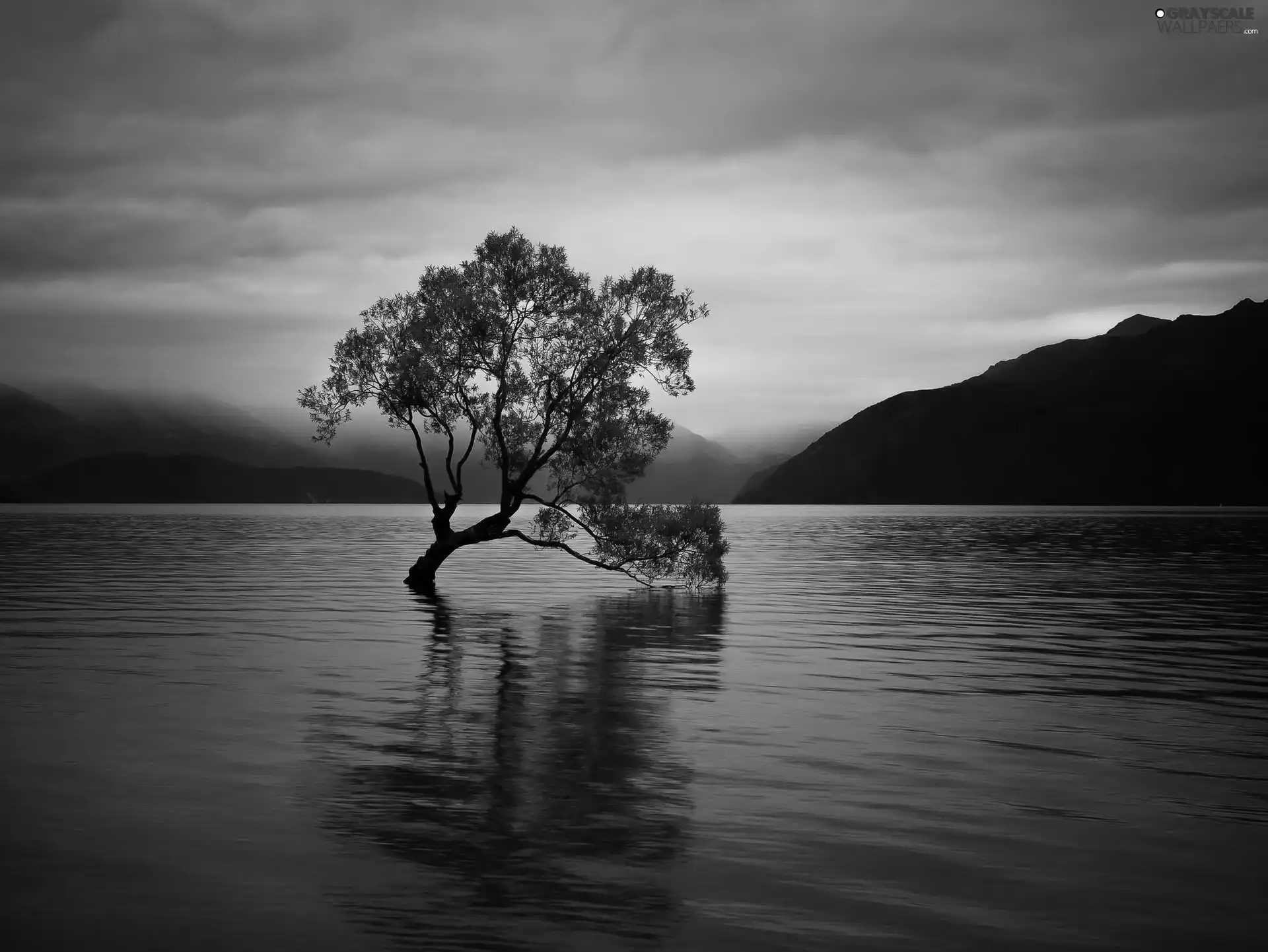 Sky, reflection, lake, Mountains, trees